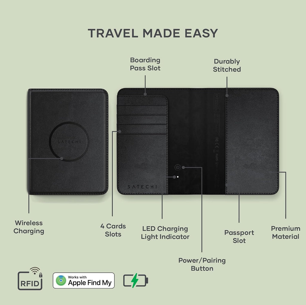 Satechi Portapasaporte para Viaje con Find My, Funda para Pasaporte con Soporte para 4 Tarjetas, Carga Inalámbrica y Protección RFID – Portapasaporte Esencial de Viaje en Cuero Vegano, Negro