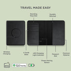 Satechi Portapasaporte para Viaje con Find My, Funda para Pasaporte con Soporte para 4 Tarjetas, Carga Inalámbrica y Protección RFID – Portapasaporte Esencial de Viaje en Cuero Vegano, Negro