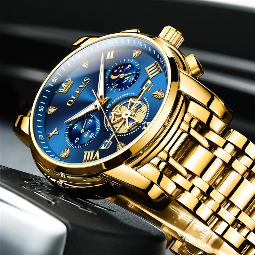 OLEVS Reloj de caballero lujo cronógrafo acero inoxidable pulsera vestimenta impermeable reloj analógico de cuarzo gran esfera luminosa