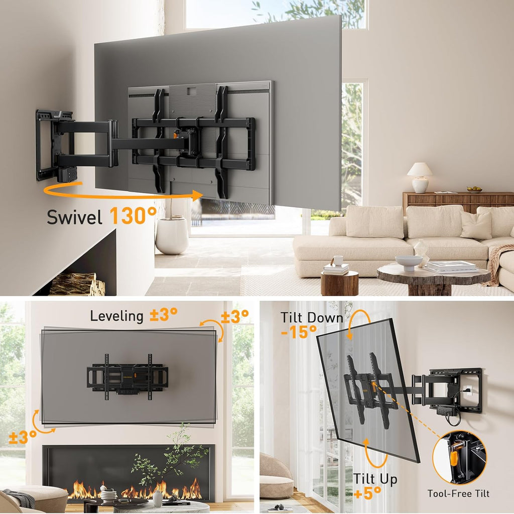 Perlegear - Soporte de pared para TV de movimiento completo con regleta de enchufes para televisores de 42–90 pulgadas hasta 68 kg, soporte de TV preensamblado con giro suave, inclinación, extensión