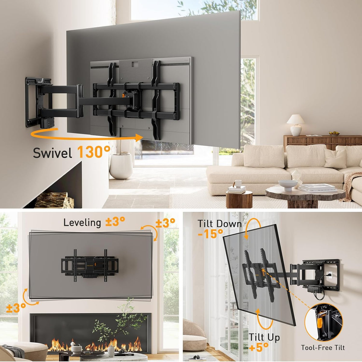 Perlegear - Soporte de pared para TV de movimiento completo con regleta de enchufes para televisores de 42–90 pulgadas hasta 68 kg, soporte de TV preensamblado con giro suave, inclinación, extensión