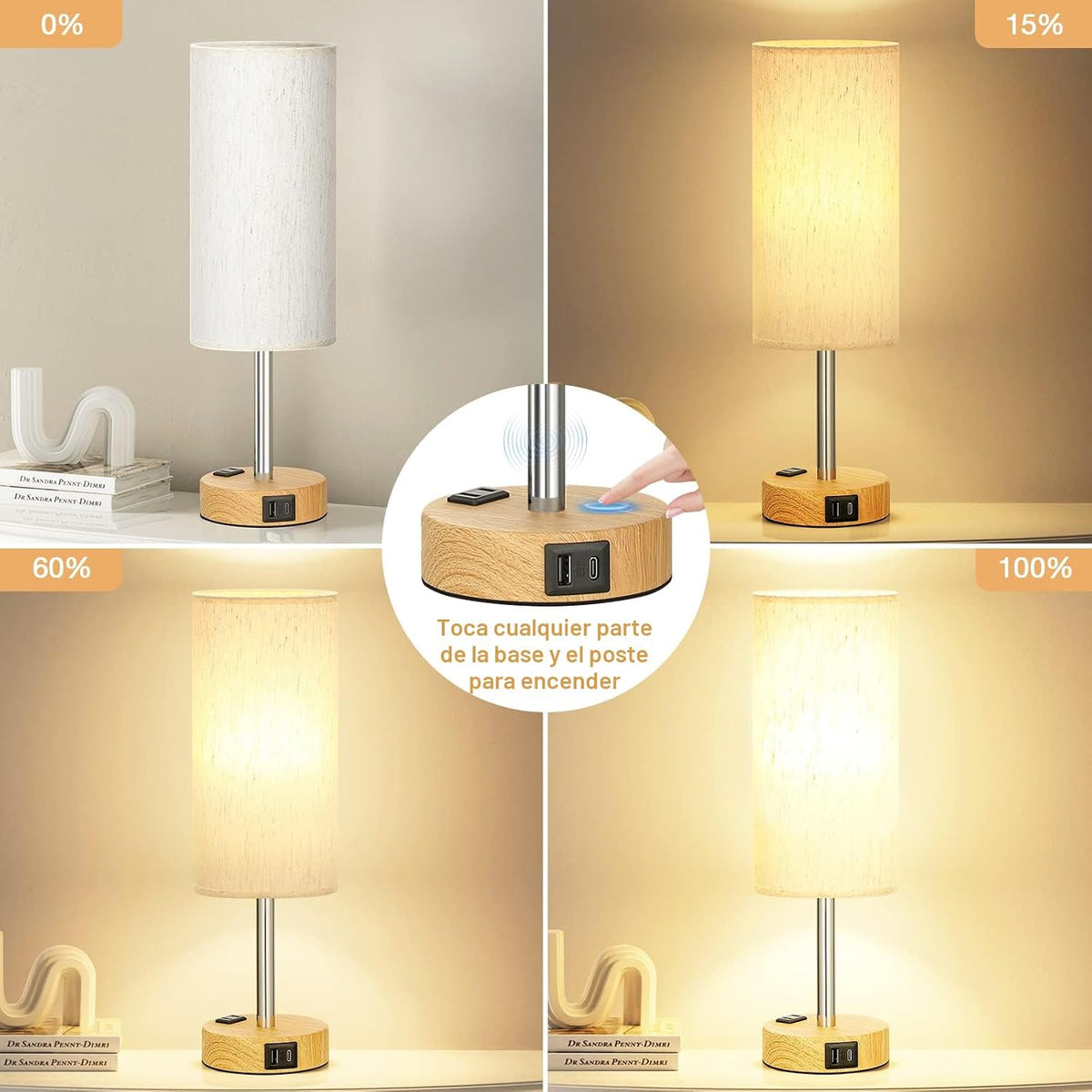 Lámpara Lámpara de mesita de noche para habitación - Lámpara táctil regulable de 3 vías con puertos de carga USB C y salida de CA, lámpara pequeña con base de madera y pantalla redonda de tela de