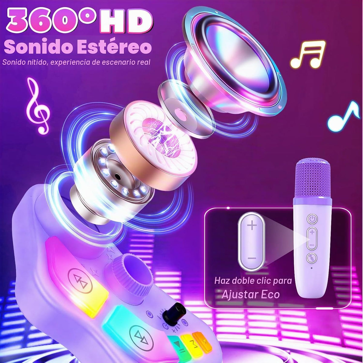 Máquina de karaoke recargable para niños, juguetes con 2 micrófonos inalámbricos, regalos de micrófono para niñas de 3, 4, 5, 6, 7, 8 años, nietos, altavoz Bluetooth con luces LED, regalo de cumpleaños para niños de 3 a 8 años