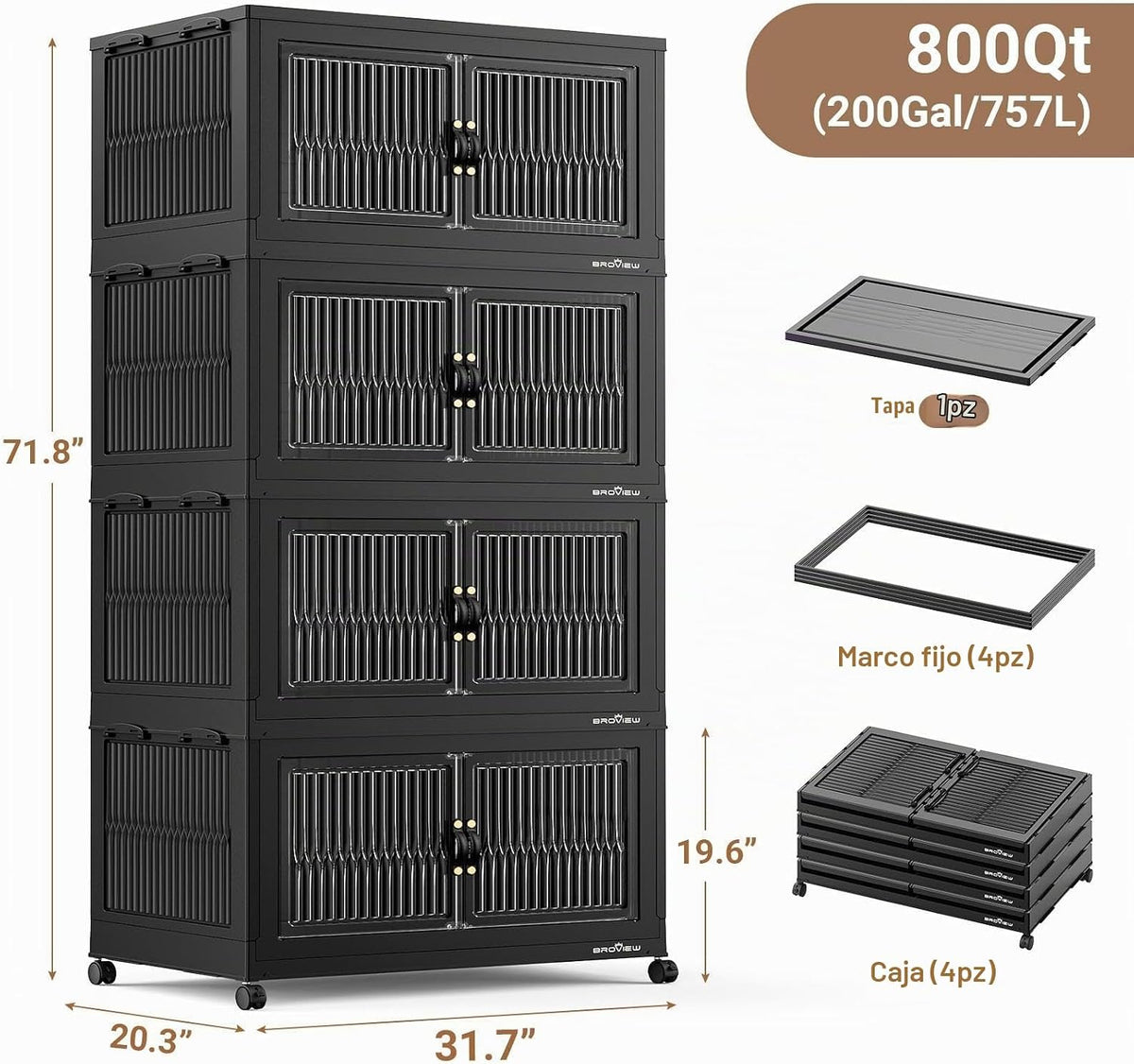BROVIEW 800Qt Contenedores de Almacenamiento Apilables Extra Grandes con Tapa, Organizador de Armario Cajones Plegables con Ruedas, Contenedores de Gabinete de Plástico Plegables para Organización del Hogar, Cocina, Habitación, Paquete de 4 Negro
