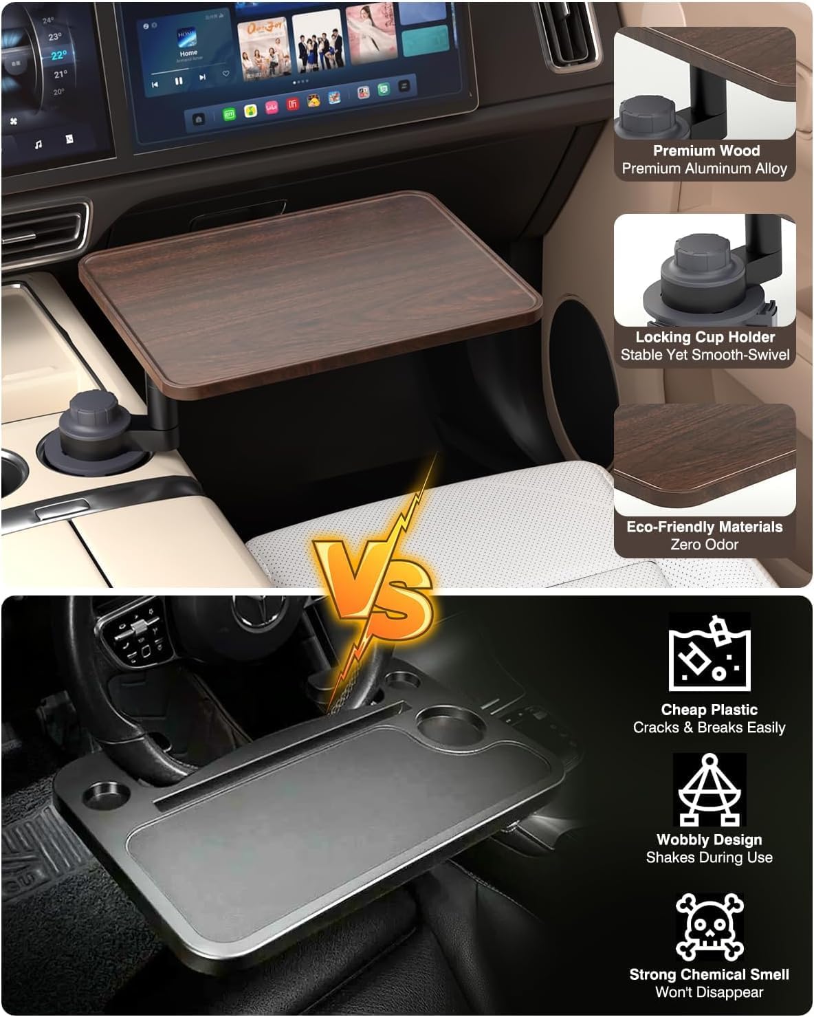 Escritorio de coche para portátil, mesa portavasos, con rotación de