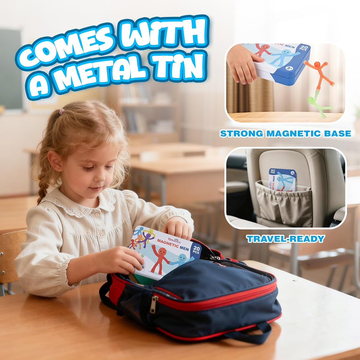 20pcs juguetes magnéticos del viaje, hombres de los imanes para los niños con la caja portátil del metal