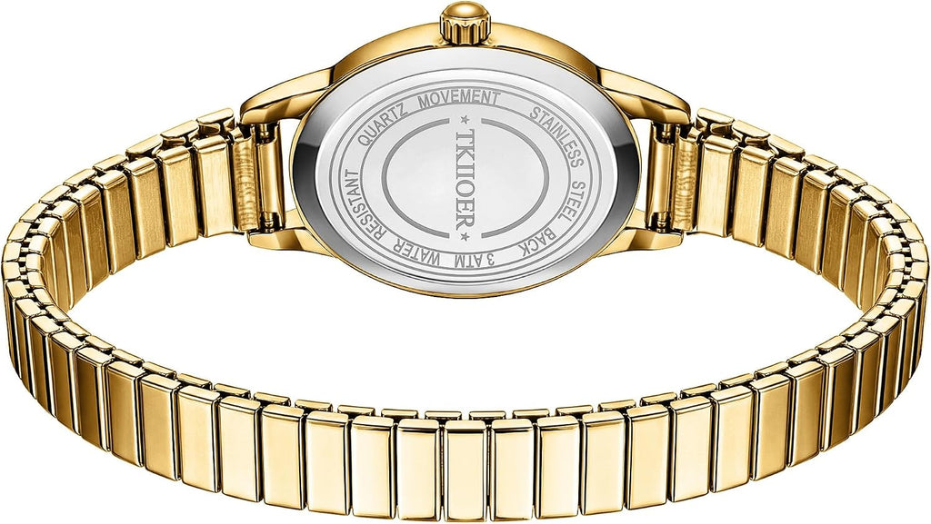Relojes pequeños de oro para mujer, reloj analógico de esfera fácil de leer, caja ovalada, banda de expansión de acero inoxidable, reloj impermeable
