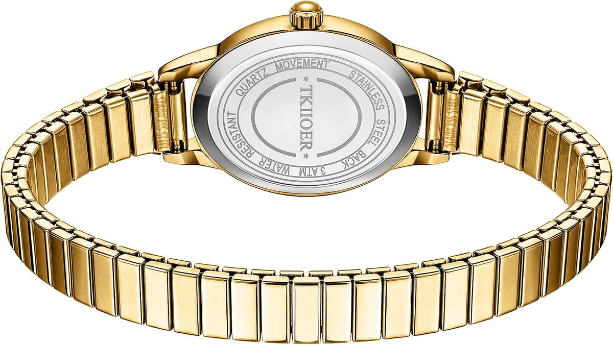 Relojes pequeños de oro para mujer, reloj analógico de esfera fácil de leer, caja ovalada, banda de expansión de acero inoxidable, reloj impermeable