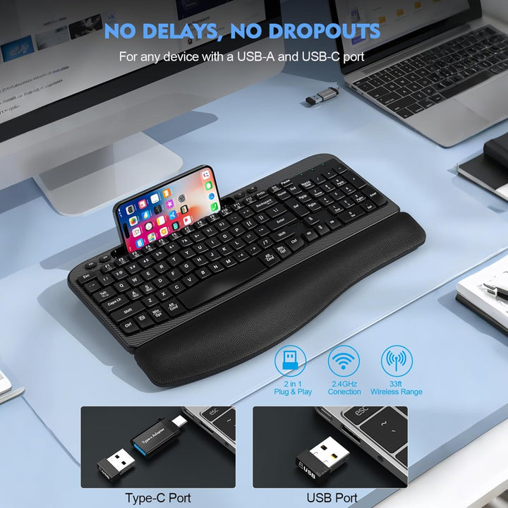 Teclado inalámbrico ergonómico con reposamuñecas acolchado, teclas...