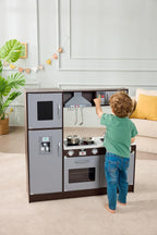 Amazon Basics - Juego de cocina vertical de madera para niños con estufa, horno, fregadero, refrigerador y accesorios, para niños pequeños, preescolares, niños de 3+ años, color espresso/gris