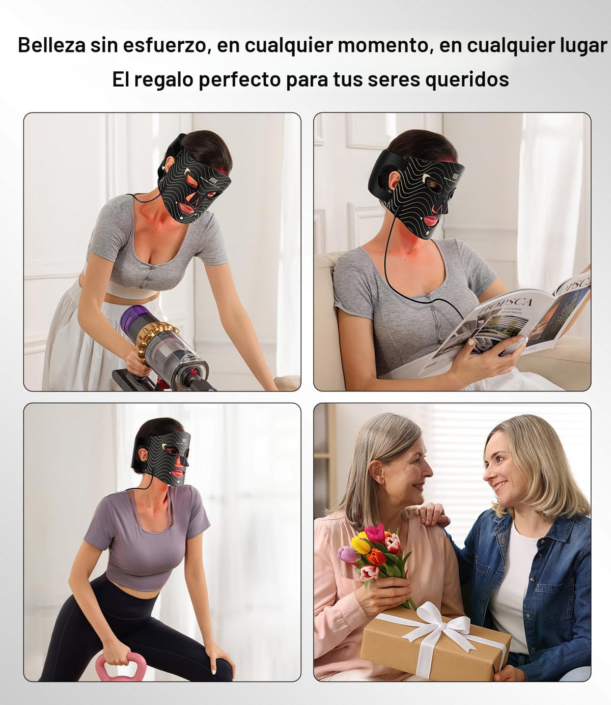 INIA Máscara de terapia de luz roja para cara, 4 modos de luz con NIR de 850 nm, Negro