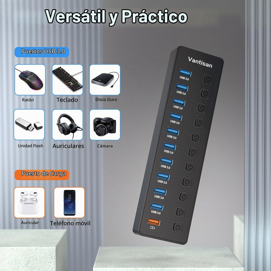 vantisan, A2011, hub USB 3.0 de 11 puertos, alimentado, con puerto de carga inteligente