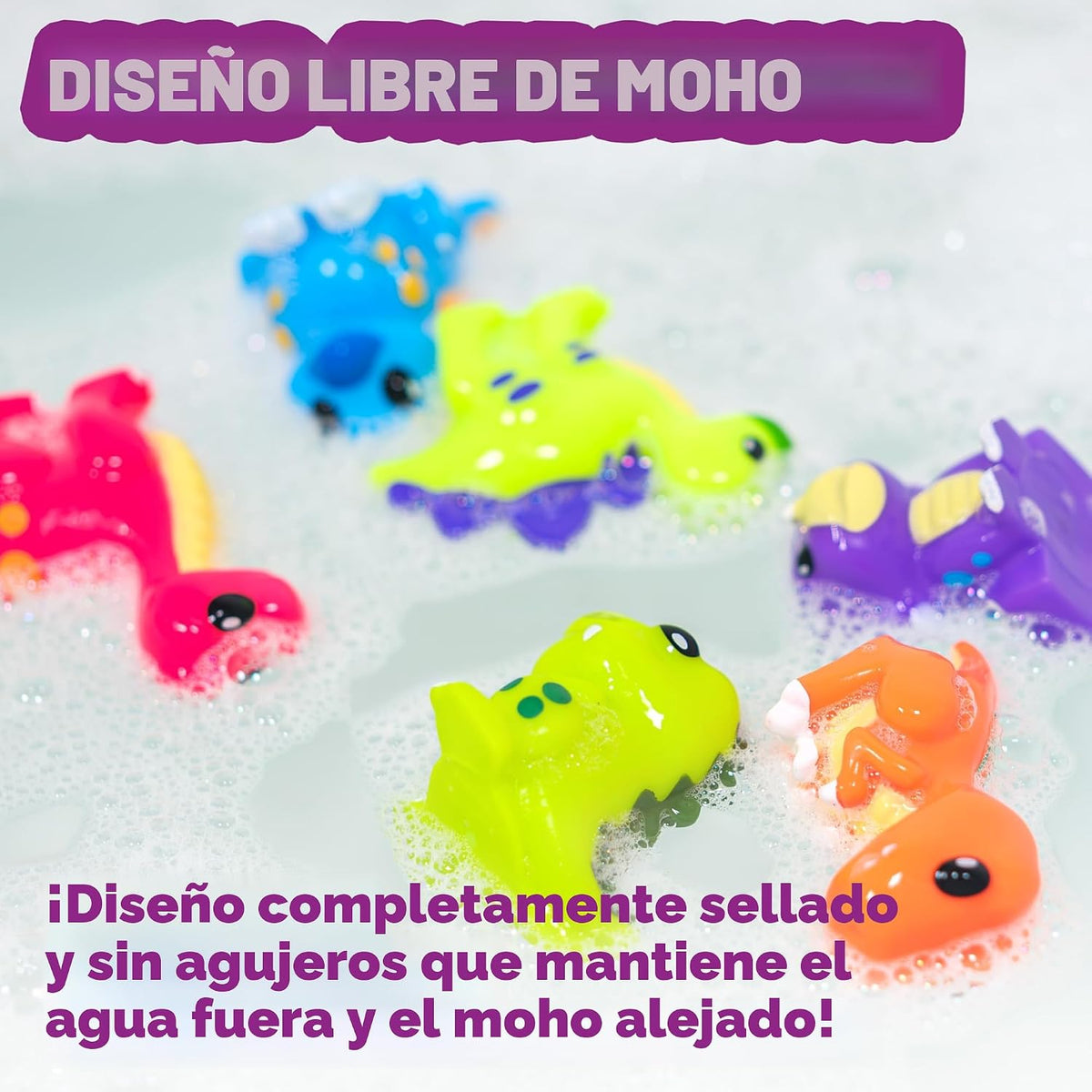 Tub Works® Juguetes de baño de dinosaurio sin moho, paquete de 12 | Diseño de juguetes de baño sellados sin agujeros que mantiene la humedad fuera | Suave, exprimible y flota en el agua | Juego de juguetes de baño para bebés y niños pequeños de fácil agar