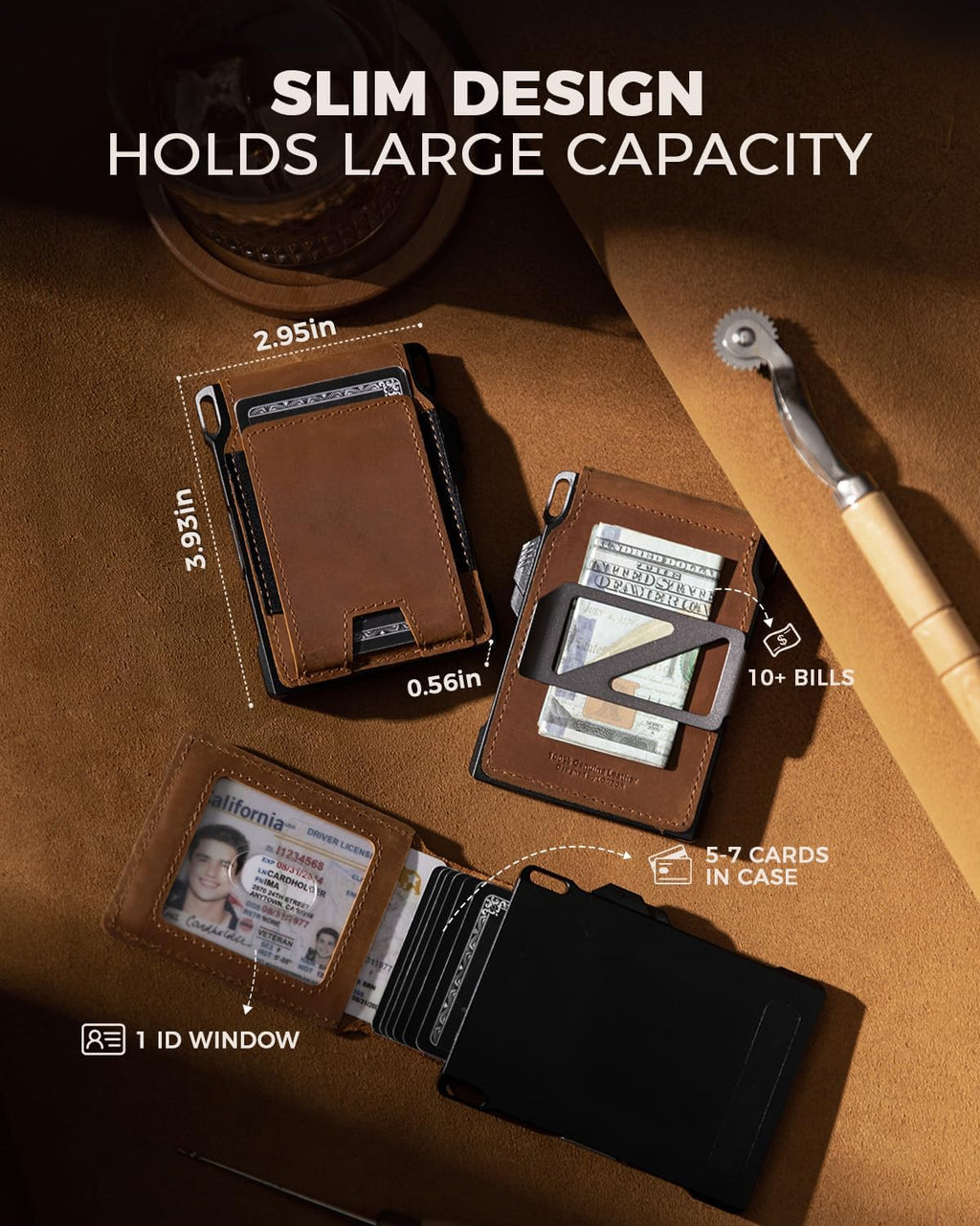 Cartera táctica de piel auténtica para hombre, tarjetero desplegable, inteligente, bloqueo RFID, delgada, minimalista, delgada, bolsillo frontal, capacidad de 12 tarjetas, ventana de