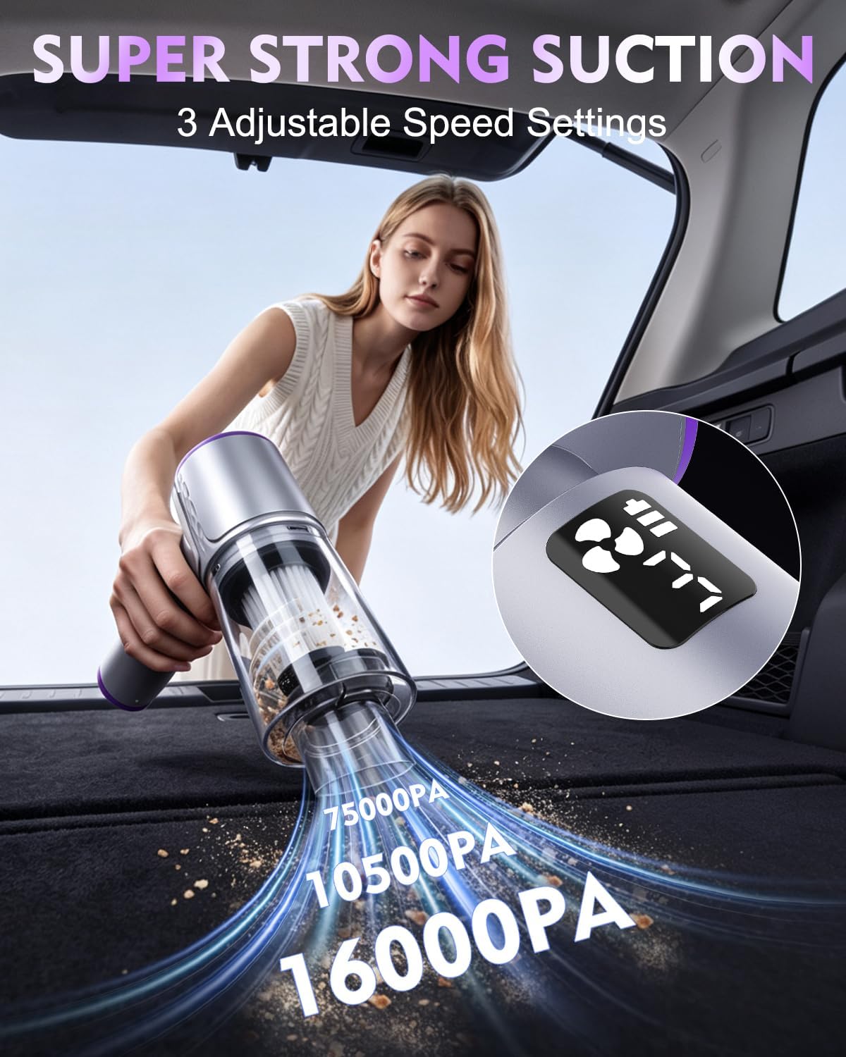Aspirador de coche de mano 16KPa inalámbrico con pantalla LCD