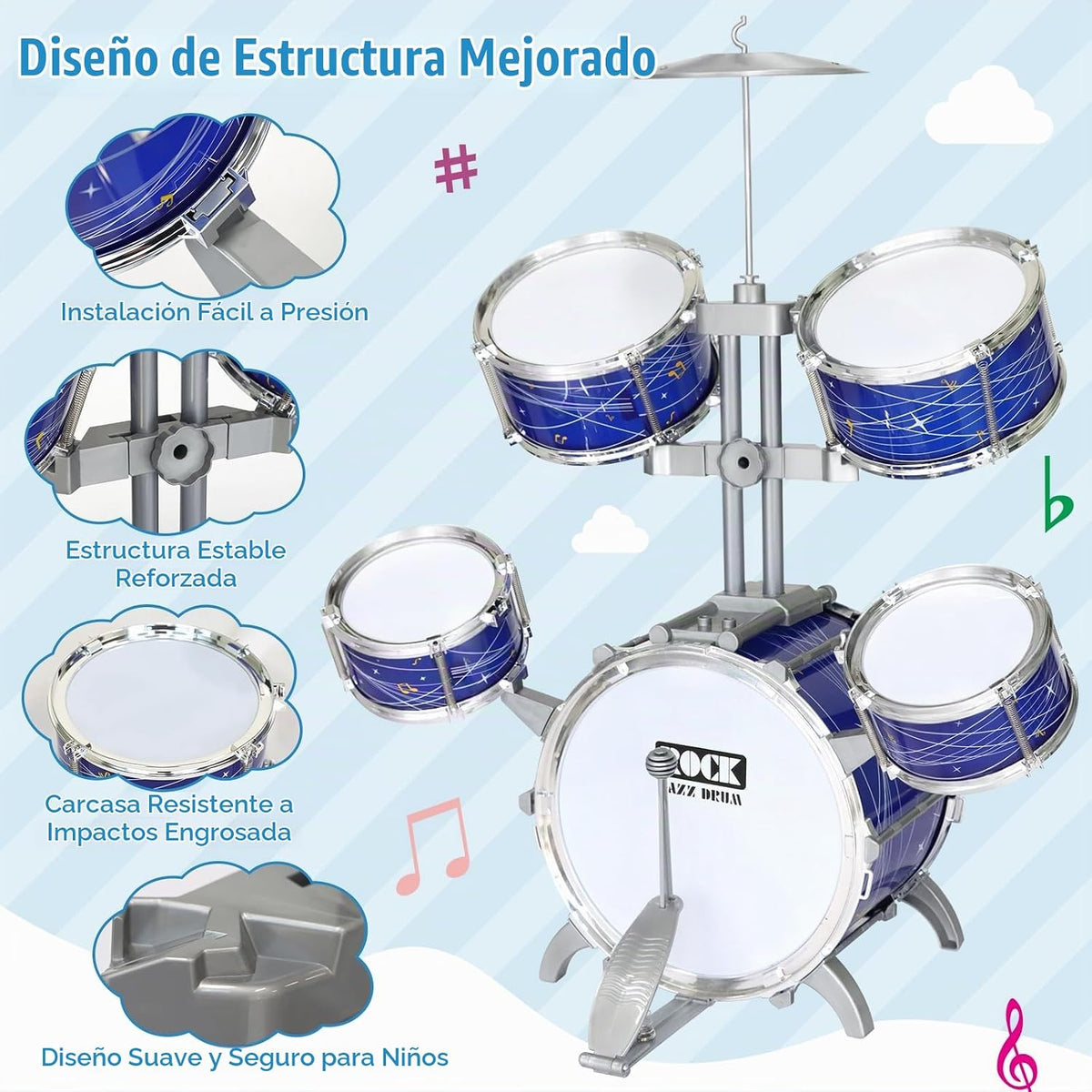 Juego de batería para niños pequeños de 1 a 3 años, kit de batería de jazz