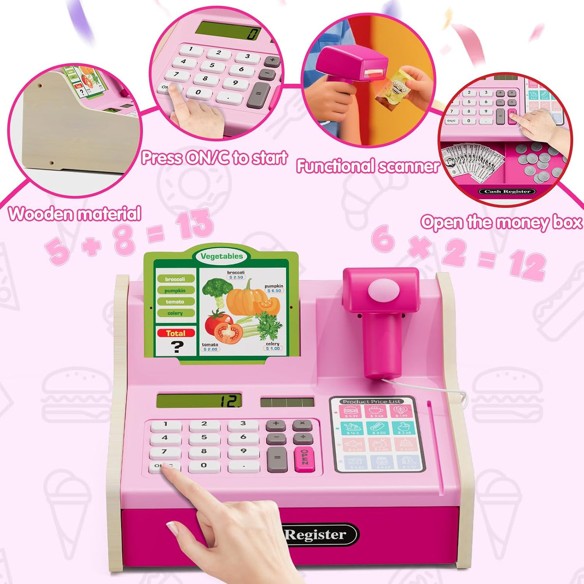 Caja Registradora de Madera para Niños con Calculadora Real, Color