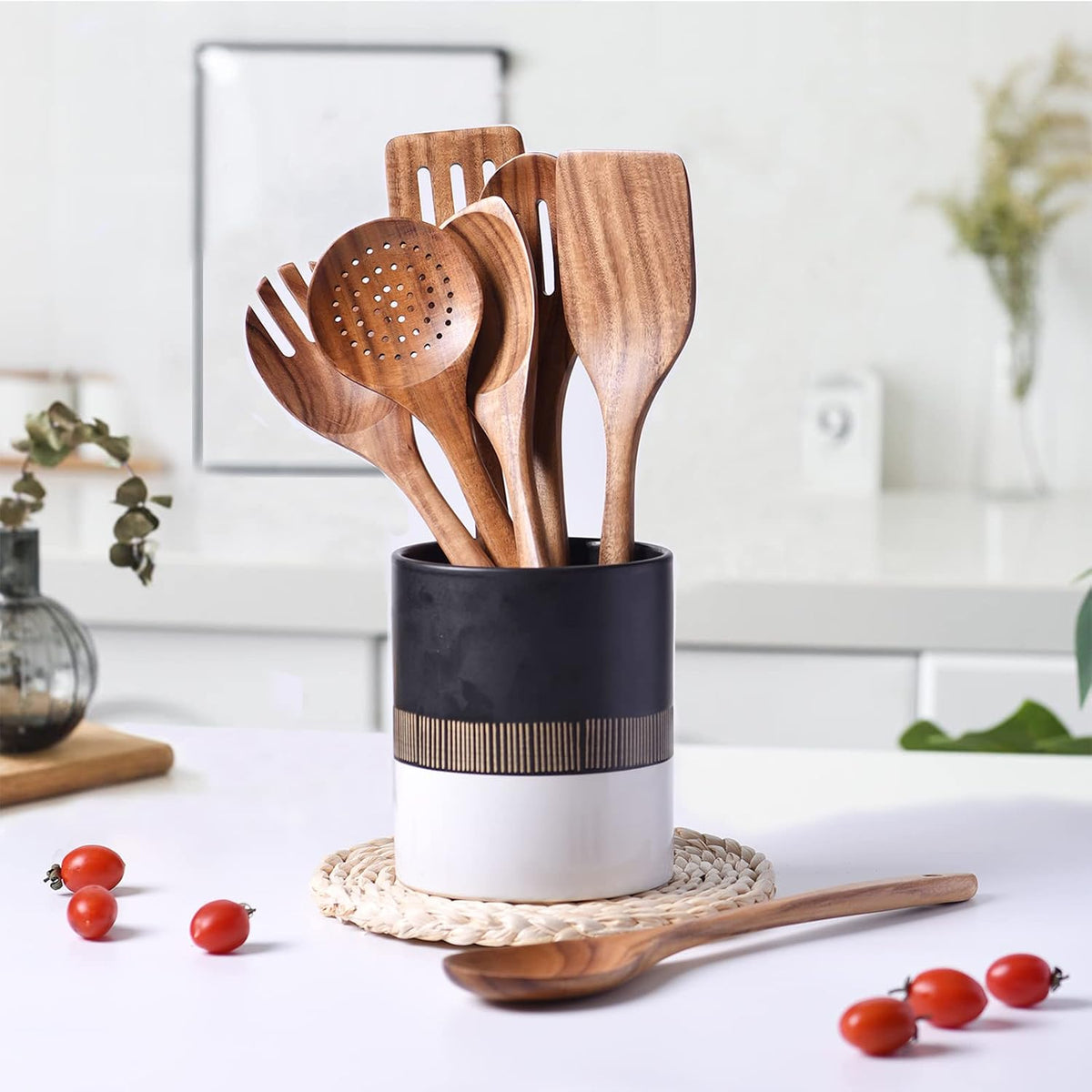Utensilios de madera de 13 pulgadas de largo para cocinar, cucharas de madera de mango largo para cocinar, juego de 7 PIEZAS de cucharas de madera para manualidades, juego de utensilios de