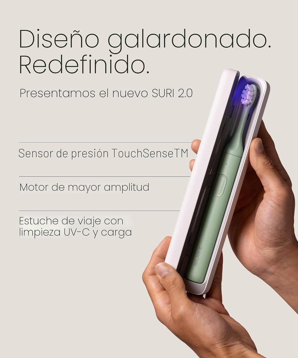 SURI Pro Sonic Cepillo de dientes eléctrico | Batería de más de 4 semanas | Estuche de viaje de limpieza UV | Sensor de presión | Cuerpo de aluminio | Temporizador de 2 minutos | Cabeza a base de