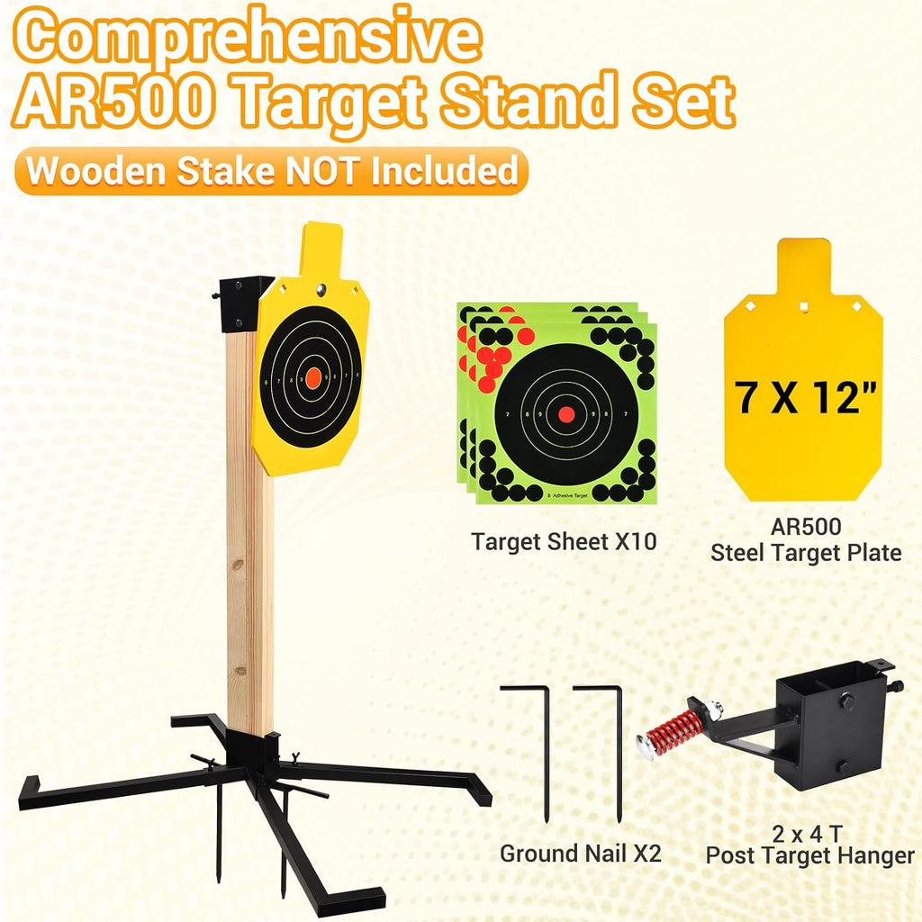 Sistema de soporte de acero AR500, objetivos de rehén de acero de 3/8 pulgadas de grosor con base de soporte estable de 2 x 4, kit completo de disparo con papel de objetivos de 10 piezas para
