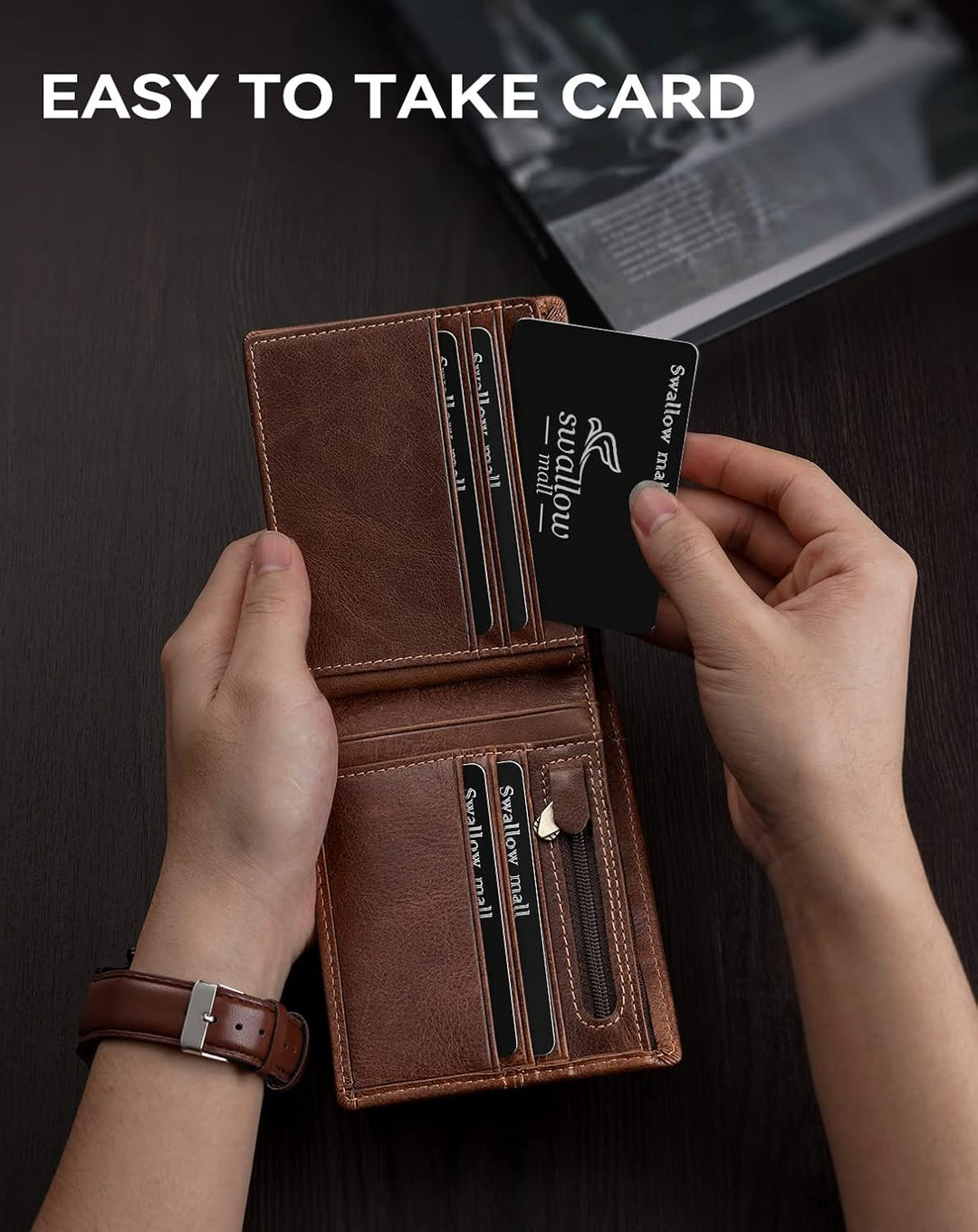 Swallowmall Cartera de cuero para hombre, billetera plegable de cue...