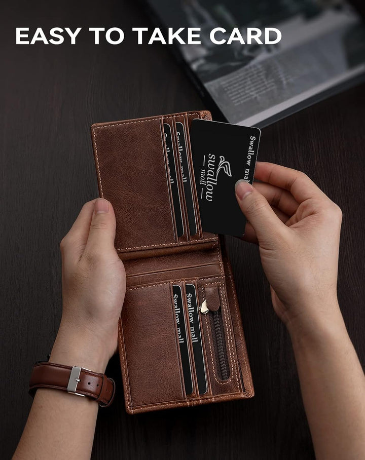 Swallowmall Cartera de cuero para hombre, billetera plegable de cue...