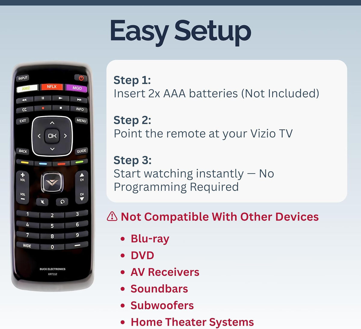 XRT112 - Control remoto de repuesto para televisores Vizio, fácil configuración, infrarrojos, teclas de acceso directo, control remoto universal, compatible con D, E, M, P, V, PX