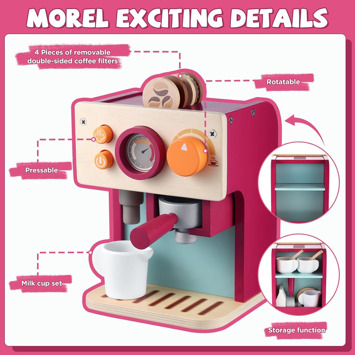 GAGAKU Máquina de café de madera para niños pequeños, juguetes de aprendizaje Montessori para niñas y niños de 3, 4, 5 años, accesorios de cocina realistas con máquina de café expreso y juego de arte con leche