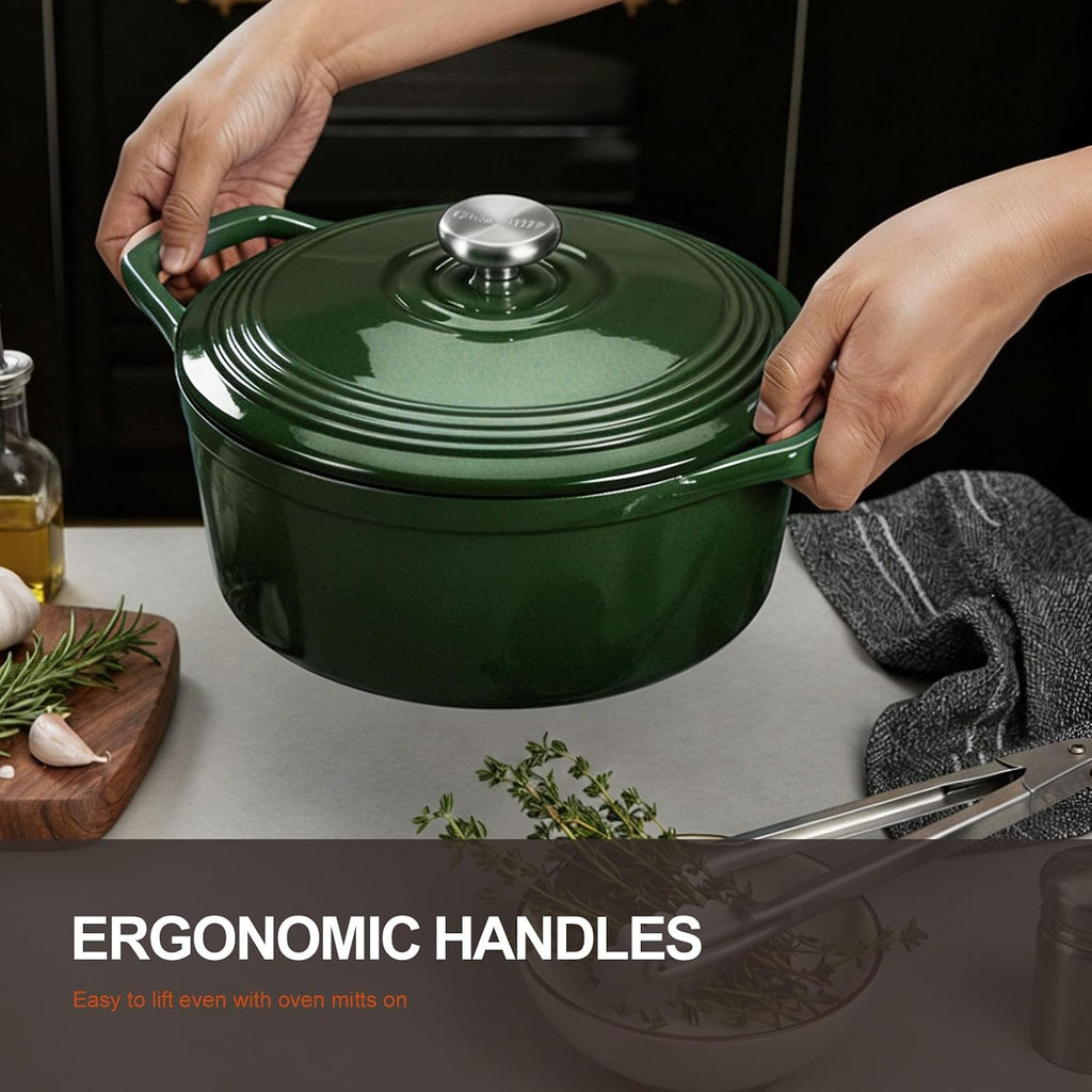 Overmont Horno holandés de hierro fundido esmaltado, olla de 5.5 cuartos de galón con tapa, libro de cocina y agarraderas de algodón, utensilios de cocina resistentes para estofar, guisos, asar
