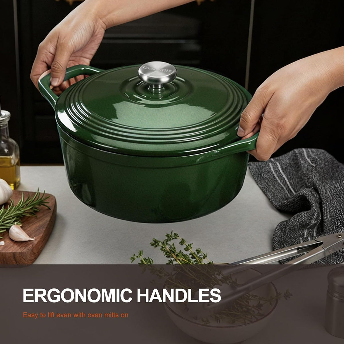 Overmont Horno holandés de hierro fundido esmaltado, olla de 5.5 cuartos de galón con tapa, libro de cocina y agarraderas de algodón, utensilios de cocina resistentes para estofar, guisos, asar
