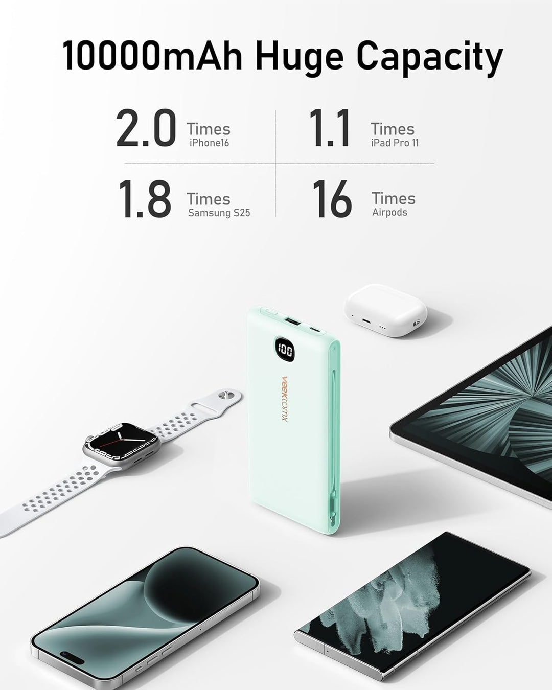 VEEKTOMX Cargador portátil con cables integrados de 10000 mAh, bate...