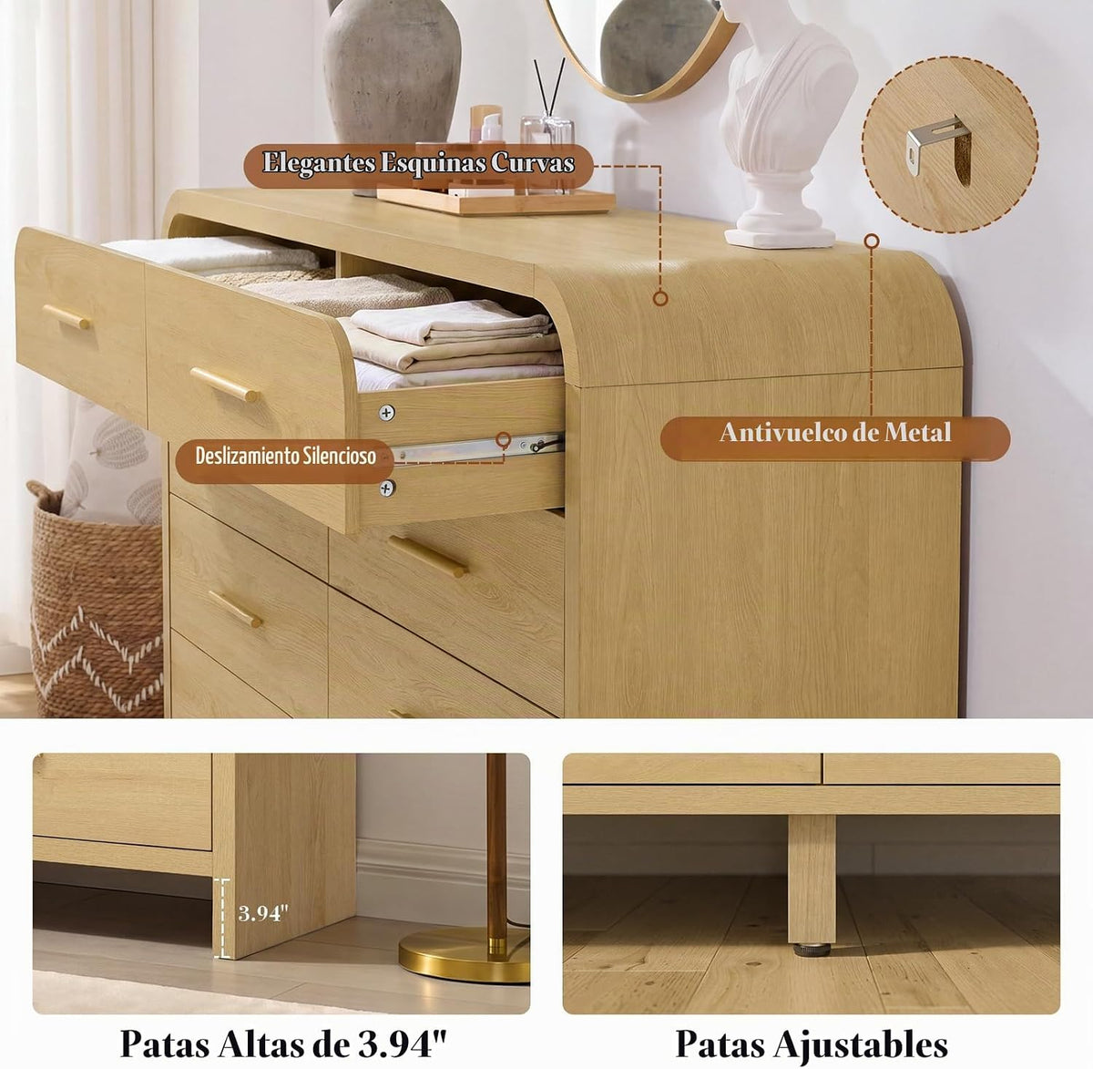 Cómoda curvada de 5 cajones para dormitorio, cómoda de 31 pulgadas de ancho, armario de almacenamiento moderno para pasillo y sala de estar, soporte de TV, certificado FSC de 1.18 pulgadas de