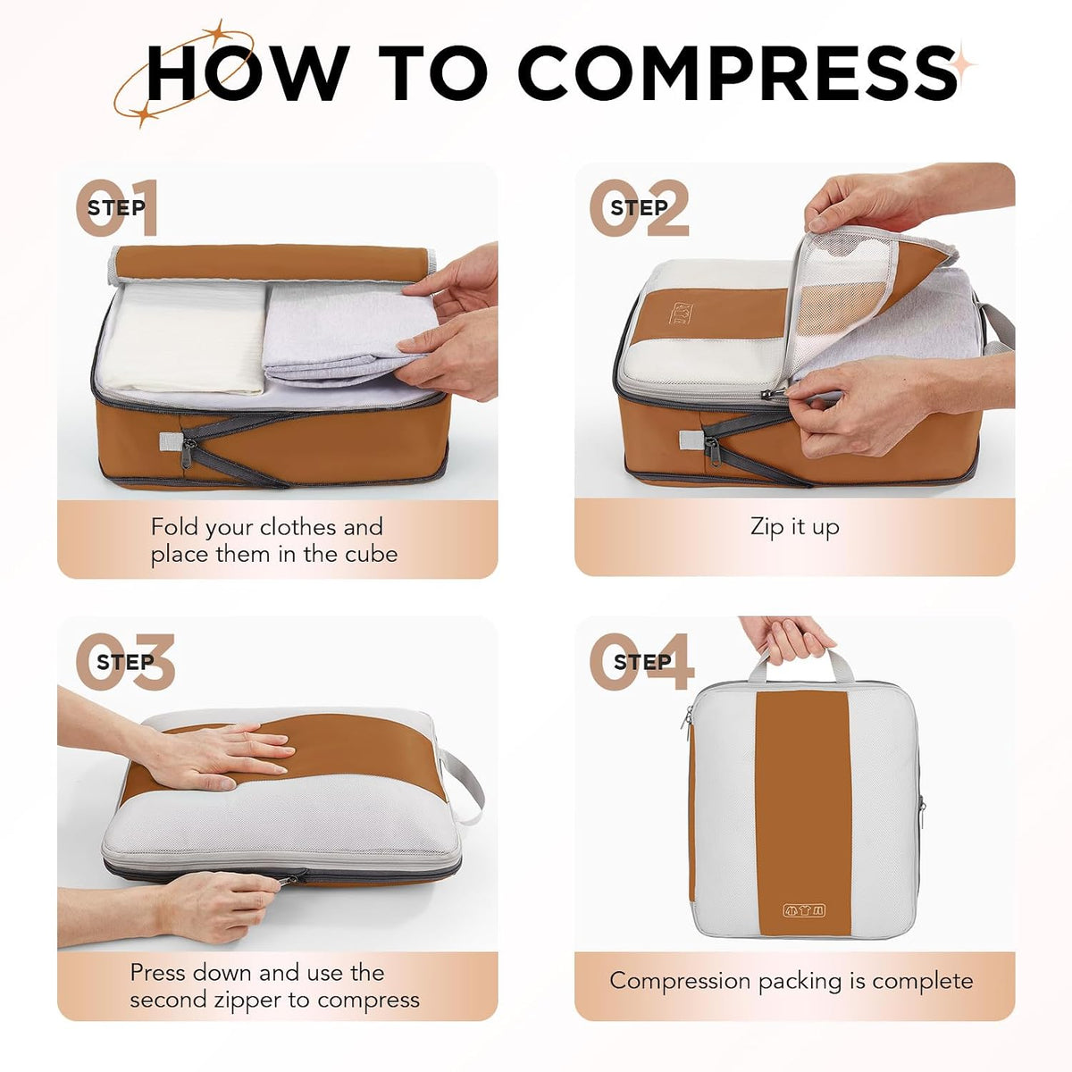 OlarHike 10 Juego de Cubos de Compresión para Viaje, Cubos Expansibles para Ahorro de Espacio para Organizar Ropa, Bolsas para Equipaje y Maleta con Más de 1000 Orificios de Malla (Marrón)