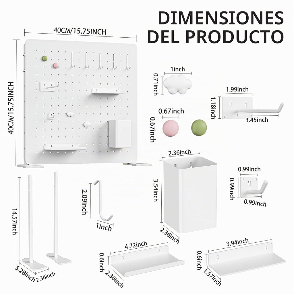 Organizador de Panel de Goteo de Metal Blanco, 15.75 pulg. con ganchos y estantes