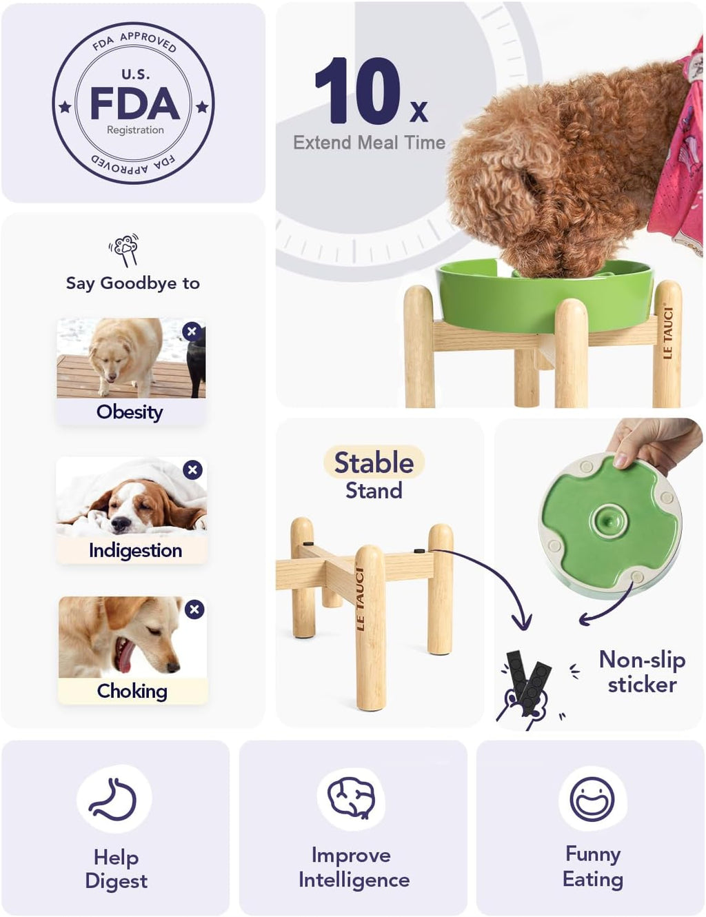 LE TAUCI Cuencos de cerámica para perros de alimentación lenta, elevados para razas pequeñas, anti-engullimiento, antideslizantes, 6 pulgadas, verde