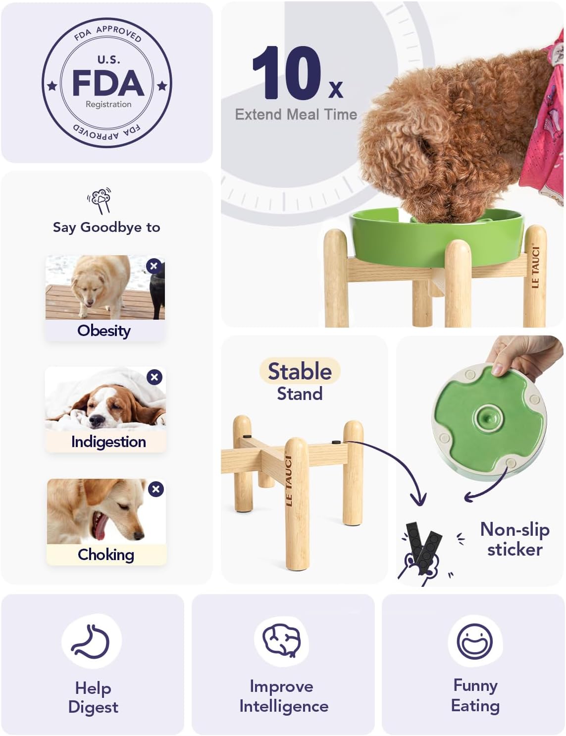 LE TAUCI Cuencos de cerámica para perros de alimentación lenta, elevados para razas pequeñas, anti-engullimiento, antideslizantes, 6 pulgadas, verde