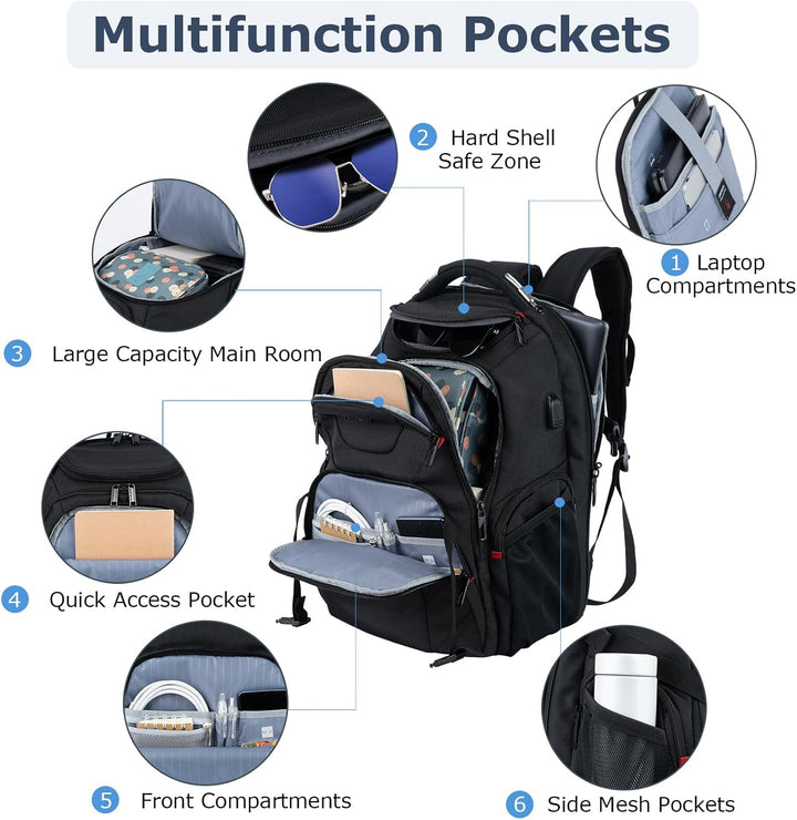 VANKEAN Mochila de viaje para laptop de 17.3", Negro, Grande