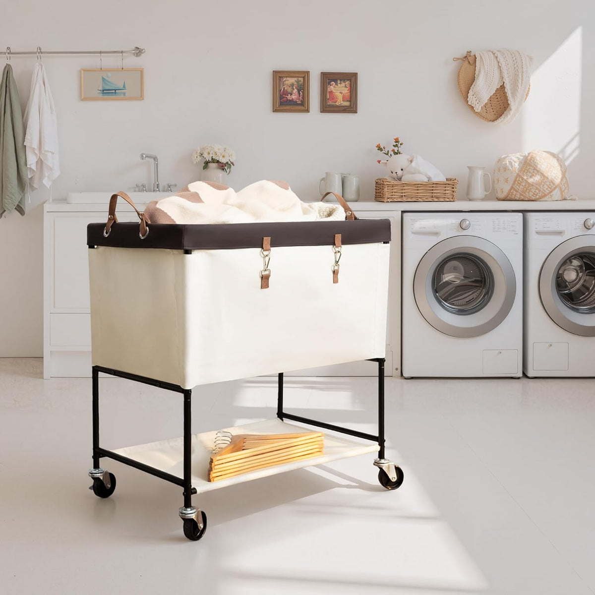 StorageWorks Carrito de Lavandería, Canasta Rodante de 2 Niveles con Ruedas, 46 Galones, Beige
