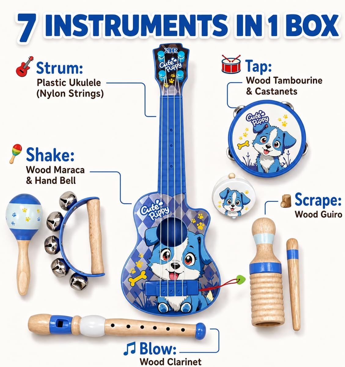 Juego de juguetes de guitarra para niños, instrumentos musicales duraderos a prueba de caídas 7 en 1 para niños de 3 a 5 años, lindo juguete de ukelele de animales con pandereta de madera, guiro