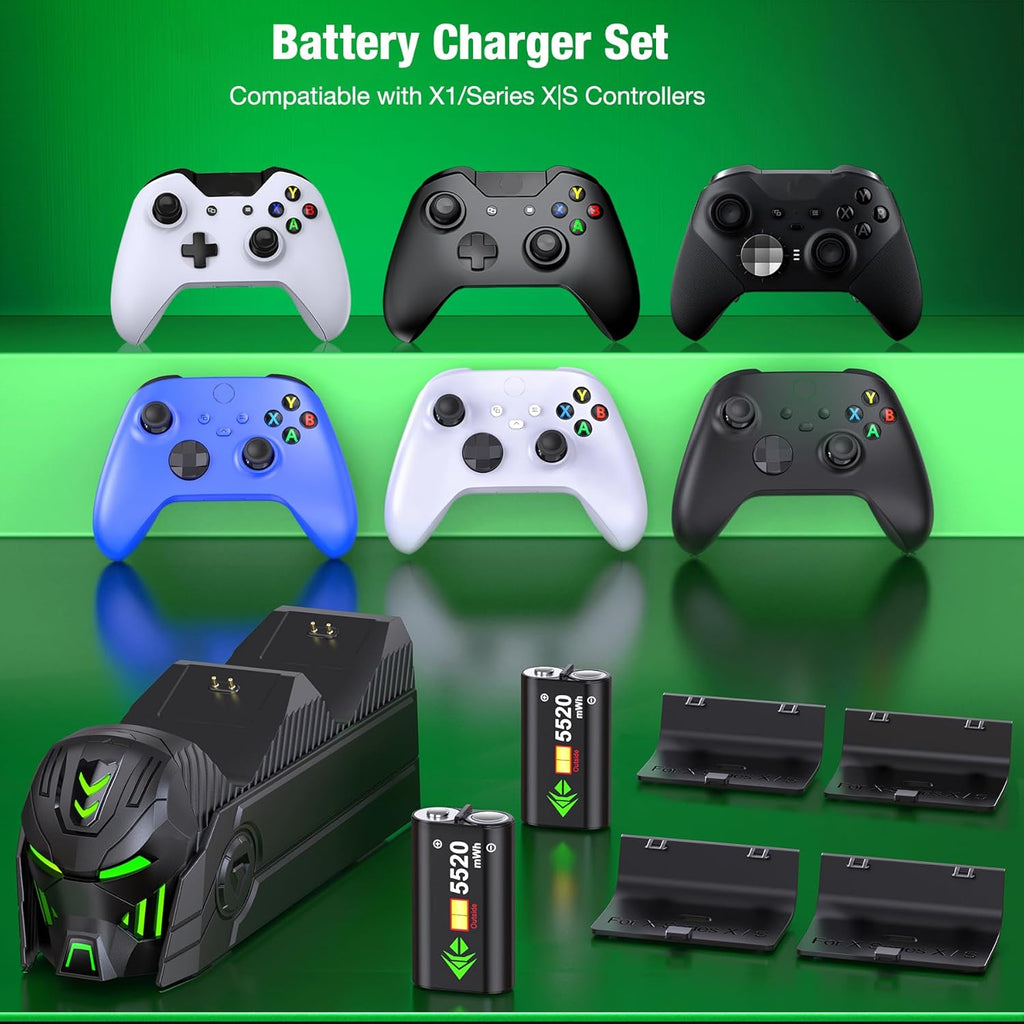 Estación de carga con batería recargable de 2 x 5520 mWh para mandos Xbox One/Series X|S con base de carga dual y 4 cubiertas (Cotrollers no incluidos)