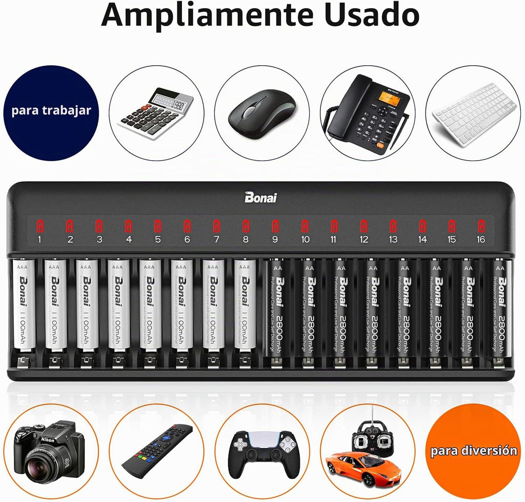BONAI AA AAA Battery Charger 16 Bay para NiMH Rechargeable Batteries Independent Control con LED Light y Standard American AC carga Plug, Battery not Included - negro