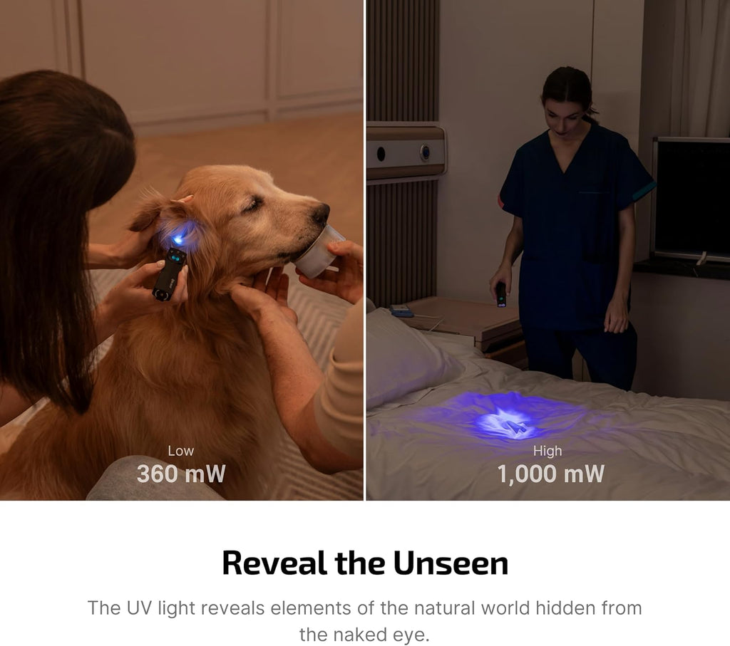 OLIGHT ArkPro Lite Linterna Plana de Bolsillo, Recargable Portátil de 1200 Lúmenes con LED Blanco, Luz Roja y Luz UV, Fuentes Triples para Detección de Orina de Mascotas, Acampada, Emergencia, Trabajo