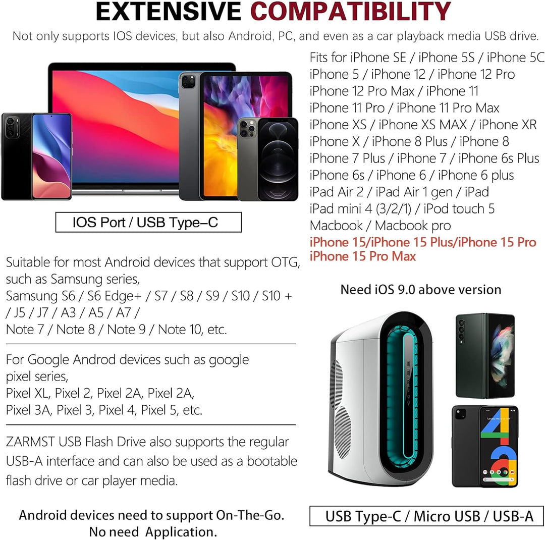 Unidad flash para iPhone 256GB, 4 en 1 memoria USB tipo C, memoria...
