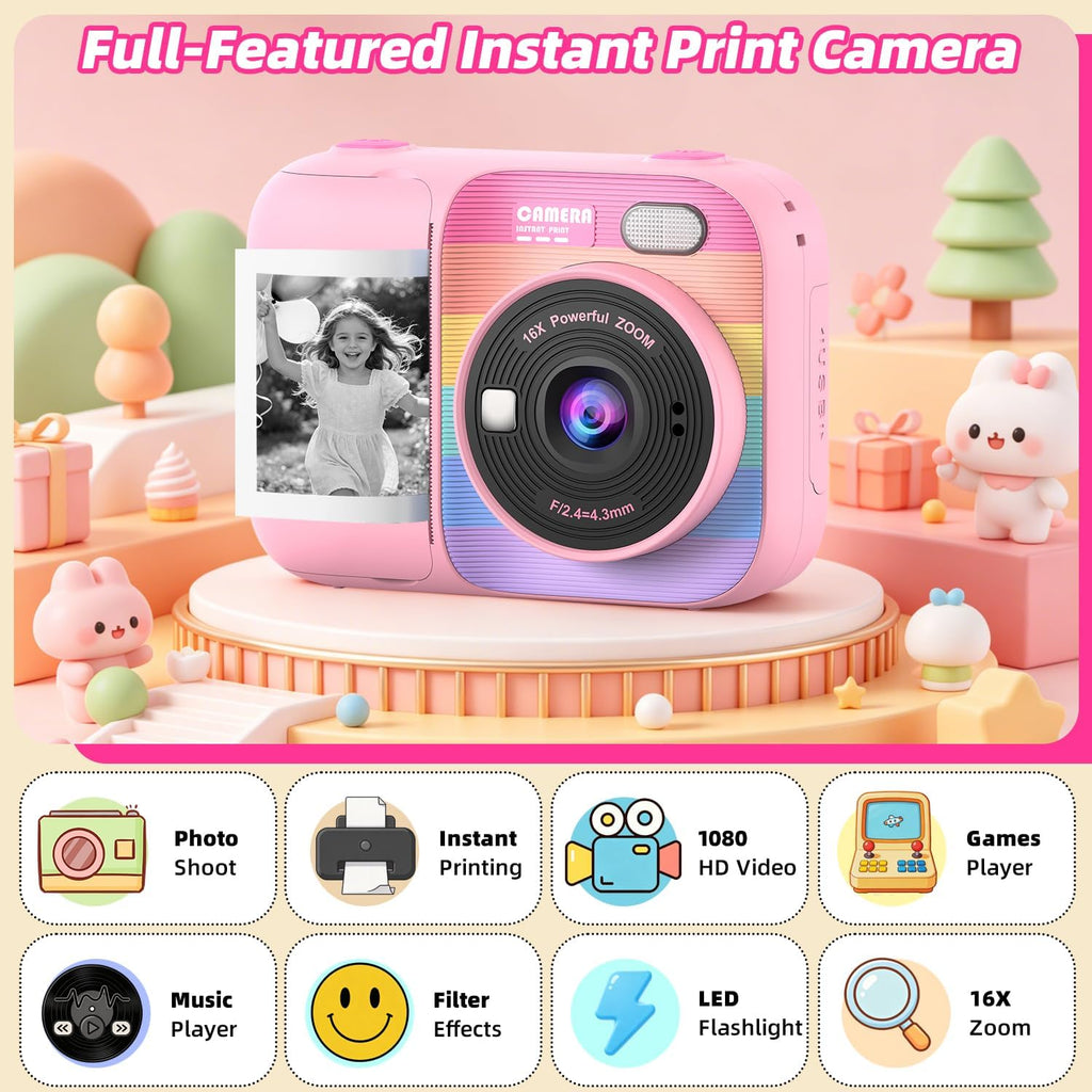 Cámara de impresión instantánea para niños con 5 rollos de papel de impresión, cámara HD 1080P, cámara portátil recargable para selfies, regalos de cumpleaños de Navidad, juguetes para niños y niñas