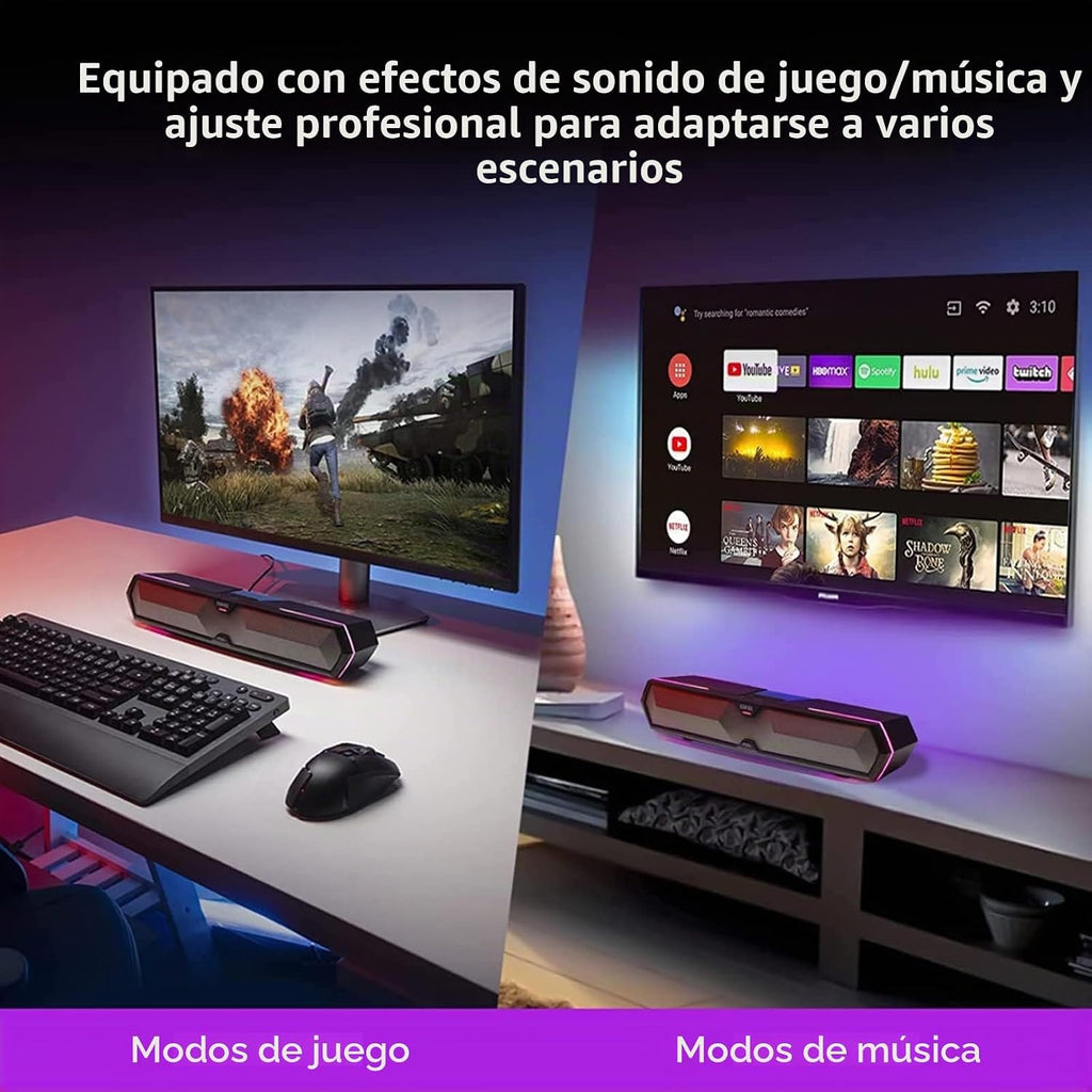 Edifier Barra de sonido de computadora MG300: altavoces fuertes con graves profundos - Interruptor RGB Micrófono incorporado para altavoces de juegos Bluetooth inalámbrico 5.3 y adaptador USB Barra de