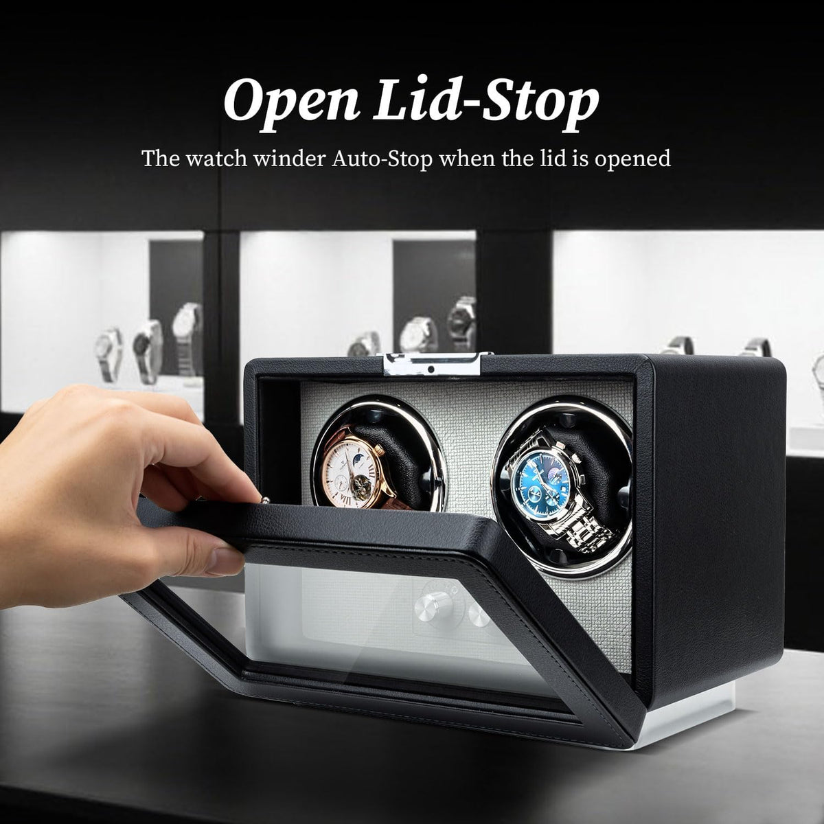 Mcbazel Enrollador de reloj para relojes automáticos, caja de bobinadora de reloj doble con luz LED, motor silencioso fabricado en Japón, regalo para hombre y mujer, negro