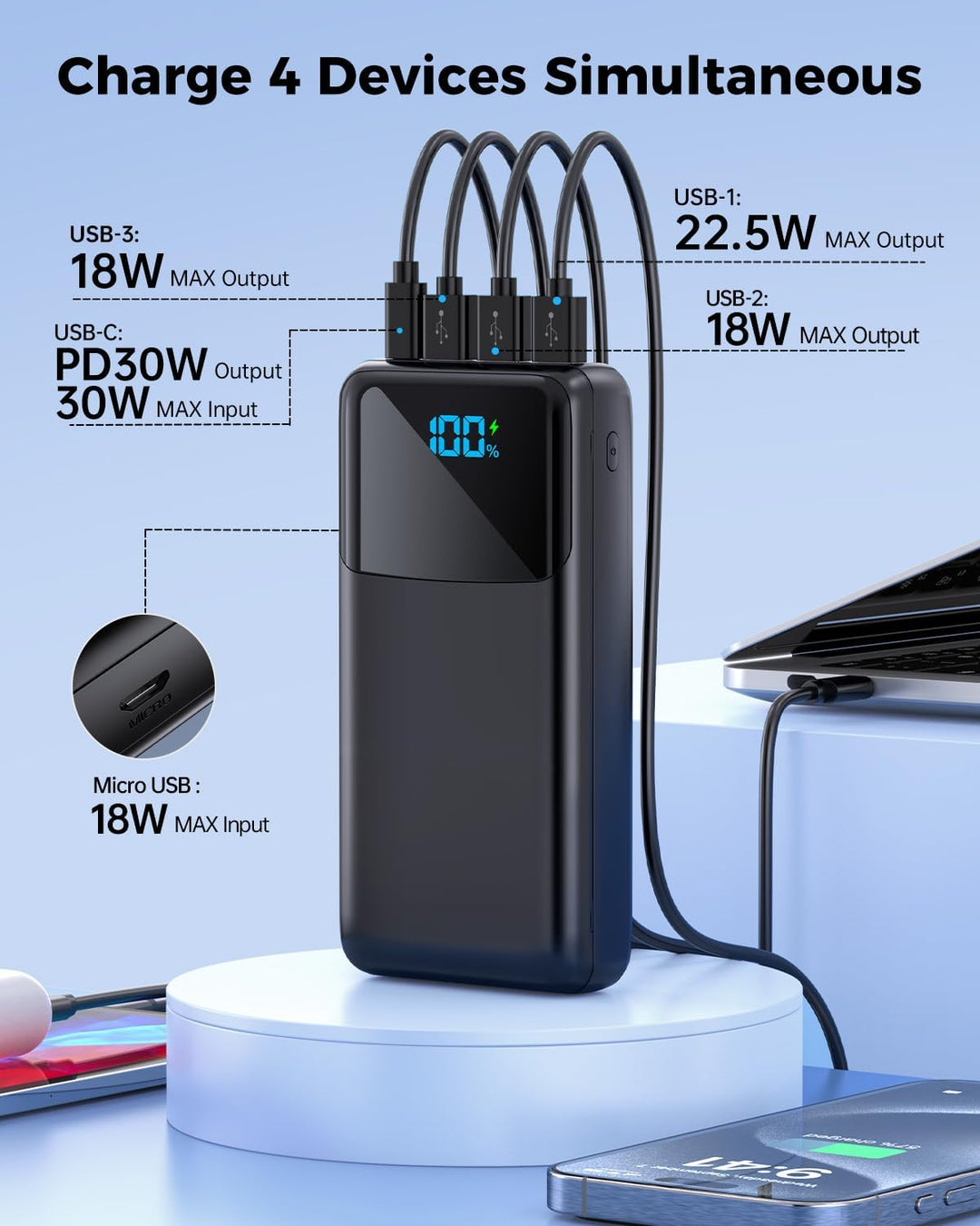 Cargador portátil de 50000 mAh, USB-C PD de 30 W de carga rápida, b...