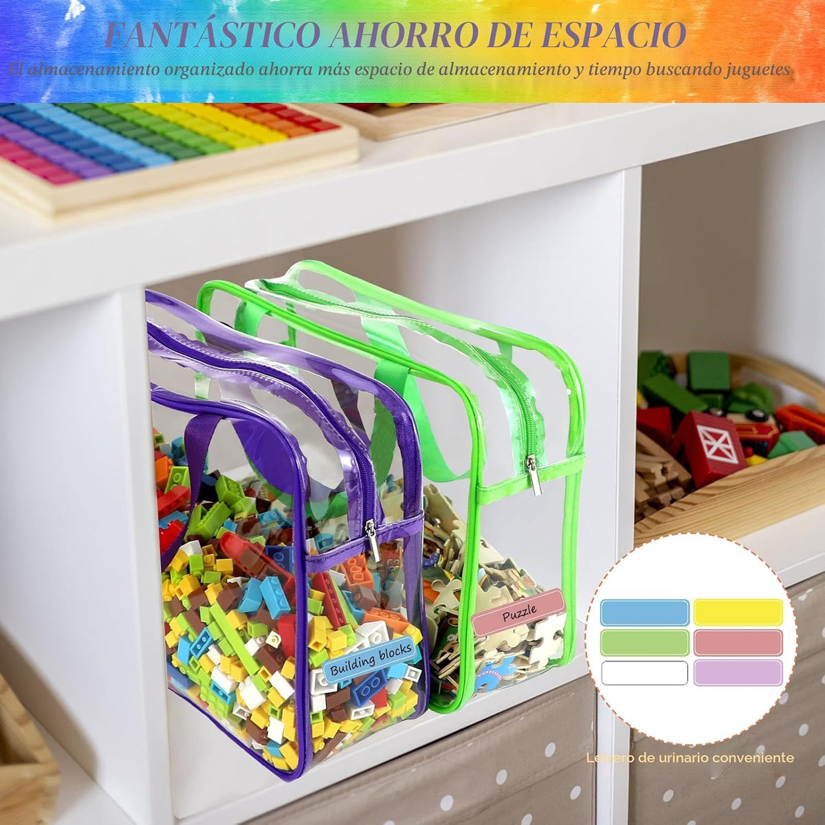 6 Colors Large Toy Storage Bags Reusable Clear Toy Organizer con Labels