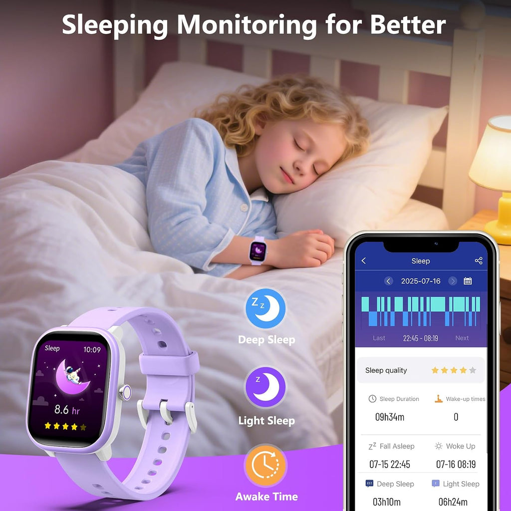 Wach - Reloj inteligente para niños de 6 a 15 años, monitor de actividad física de 1.8 pulgadas, no necesita teléfono, podómetro, monitor de sueño resistente al agua, juego de rompecabezas para niñas, niños, adolescentes, regalo de cumpleaños (morado)