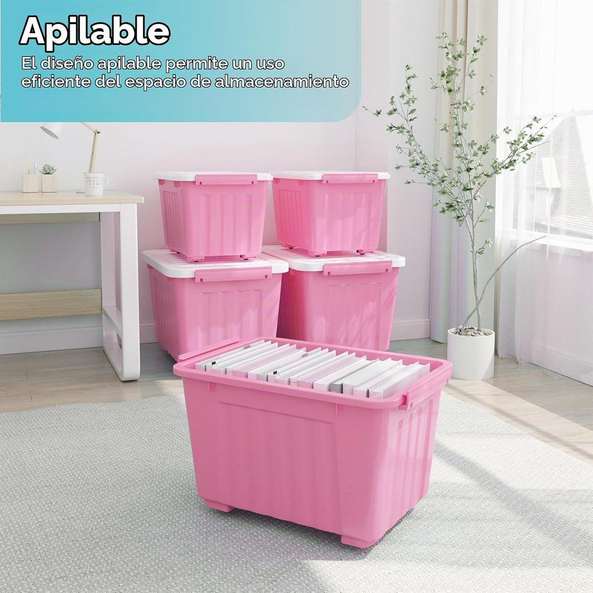 Nazhura Contenedor de almacenamiento de plástico, cajas de almacenamiento apilables y encajables con tapas blancas y hebillas de cierre seguras, contenedor de almacenamiento grande (rosa/blanco, 72